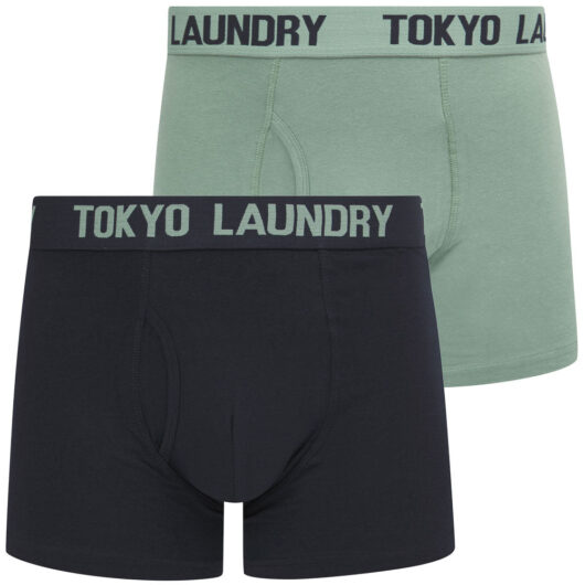 Mens Underwear Hillside 2 (2 Pack) Boxer Shorts Set in Chinois Green / Sky Captain Navy / S - Tokyo Laundry