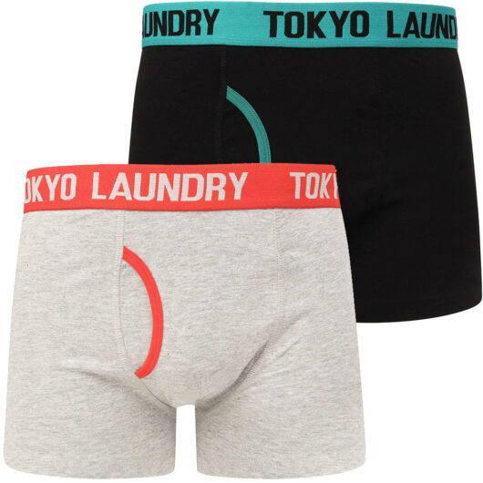 Mens Underwear Nevern 2 (2 Pack) Boxer Shorts Set in River Green / High Risk Red / S - Tokyo Laundry