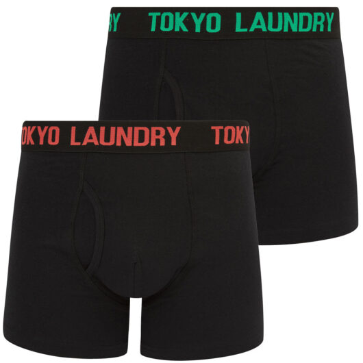 Mens Underwear Walkers 3 (2 Pack) Boxer Shorts Set in Simply Green / Hot Coral / S - Tokyo Laundry