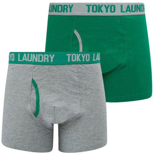 Mens Underwear Westhorpe (2 Pack) Boxer Shorts Set in Light Grey Marl / Bosphorus Green / S - Tokyo Laundry