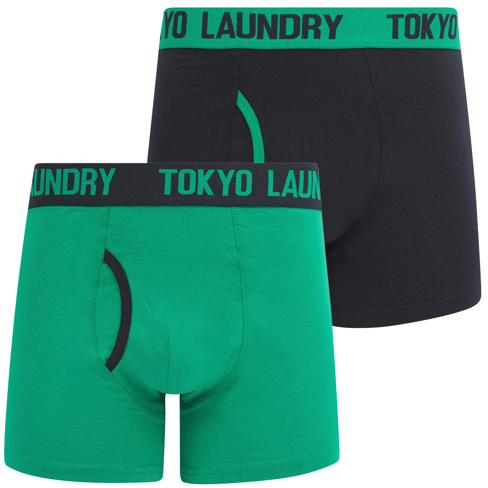 Mens Underwear Budworth (2 Pack) Boxer Shorts Set in Sky Captain Navy / Deep Green / S - Tokyo Laundry