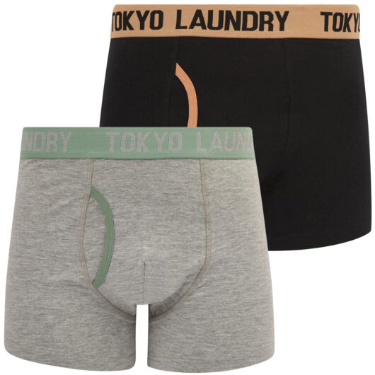Mens Underwear Abbots 3 (2 Pack) Boxer Shorts Set in Cork / Chinois Green / S - Tokyo Laundry