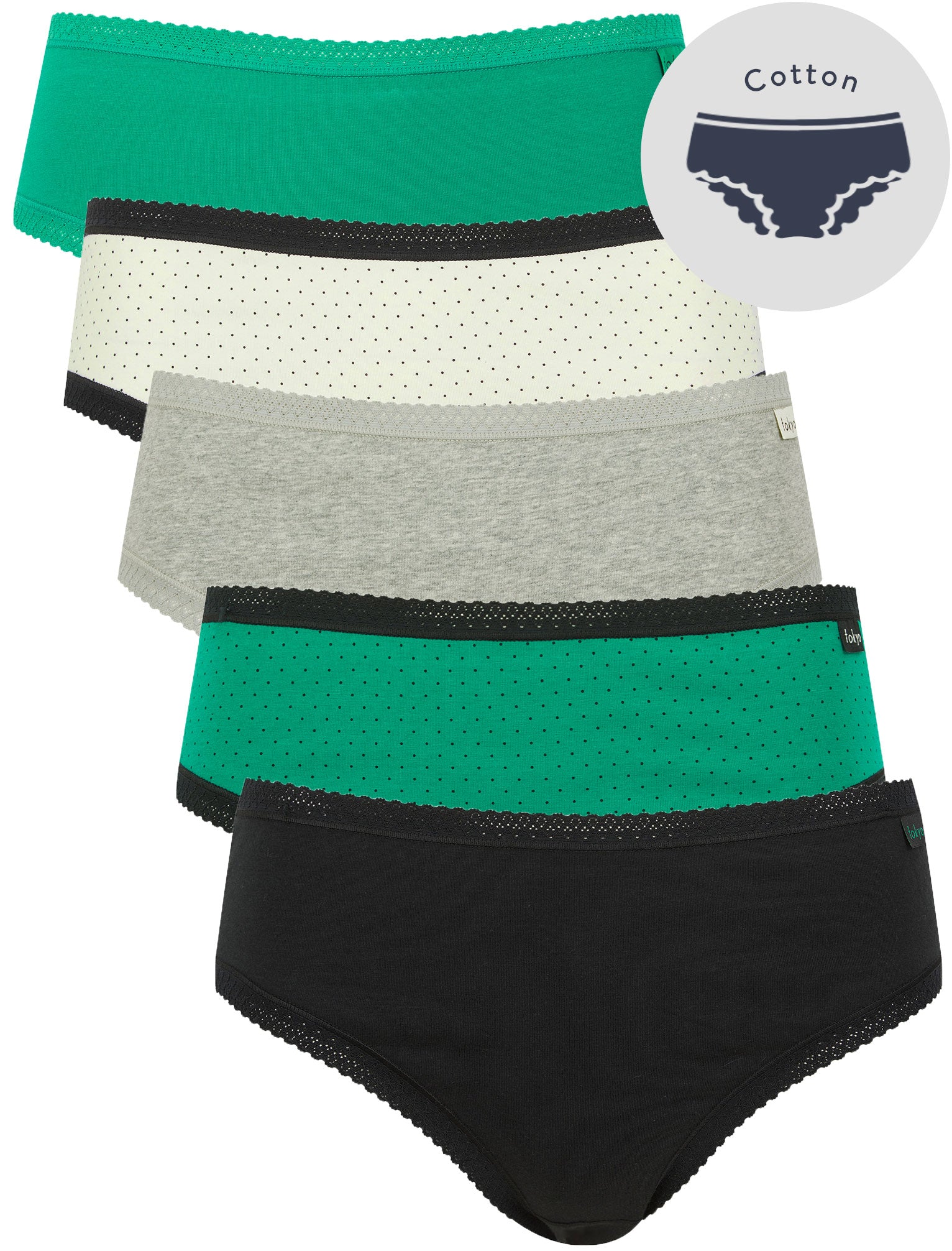 Womens Underwear Maria 2 (5 Pack) Assorted Stretch Cotton Briefs with Lace Trim in Jet Black / Pepper Green / Light Grey Marl / Snow White / XS - Tokyo Laundry