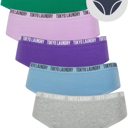 Womens Underwear Zara 12 (5 Pack) Assorted Stretch Cotton Briefs in Light Grey Marl / Allure Blue / Royal Purple / Crocus Petal / Pepper Green / XS - Tokyo Laundry