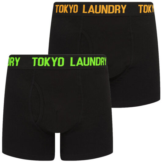Mens Underwear Weymouth 2 (2 Pack) Boxer Shorts Set in Blazing Orange / Green Flash / S - Tokyo Laundry