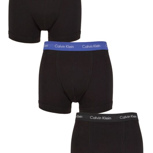 Mens 3 Pack Calvin Klein Cotton Stretch Trunks Black / Green Bloom XL