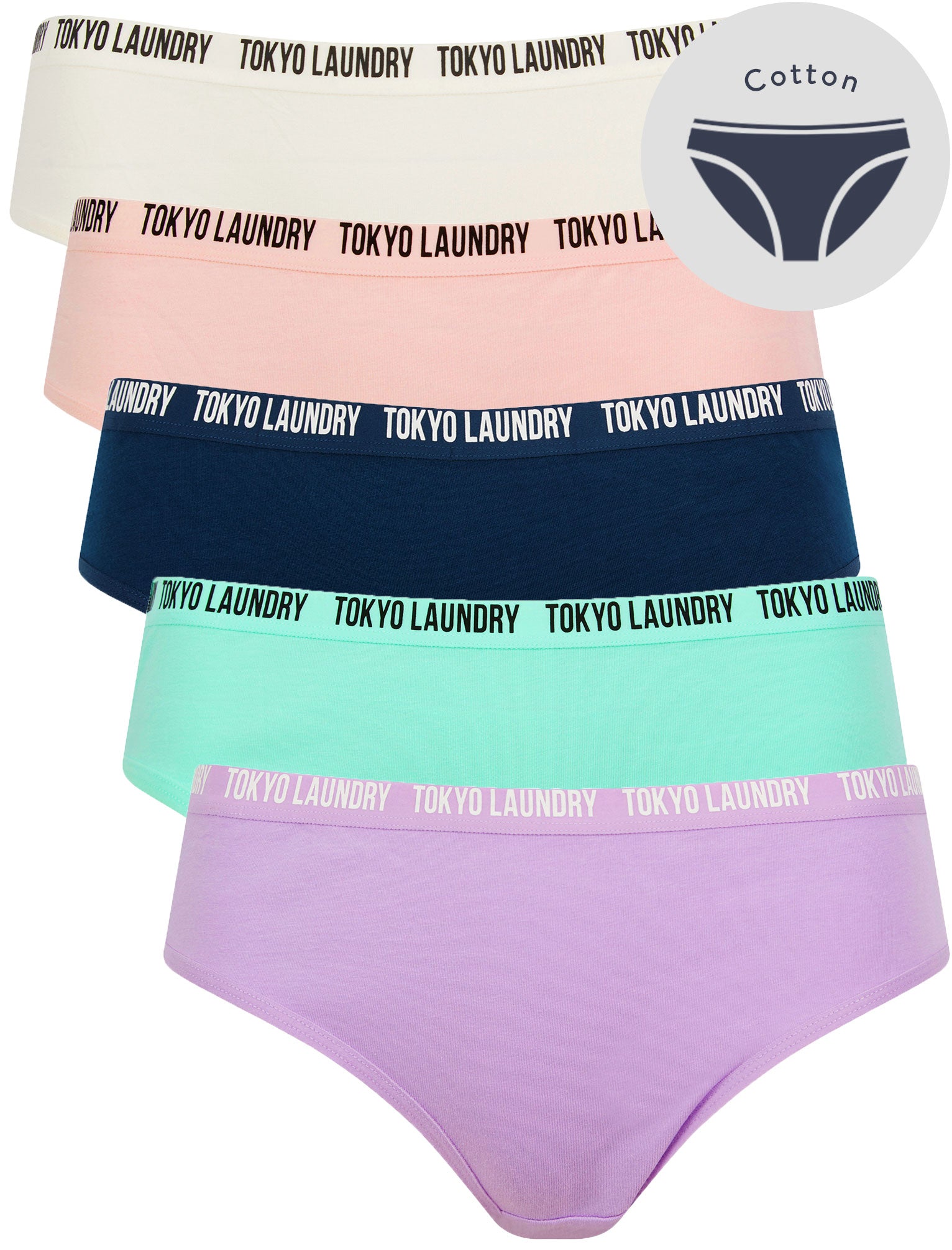 Womens Underwear Zara 17 (5 Pack) Assorted Stretch Cotton Briefs in Lilac Crocus Petal / Ice Green / Gibraltar Sea / Veiled Pink / Snow White / XS - Tokyo Laundry
