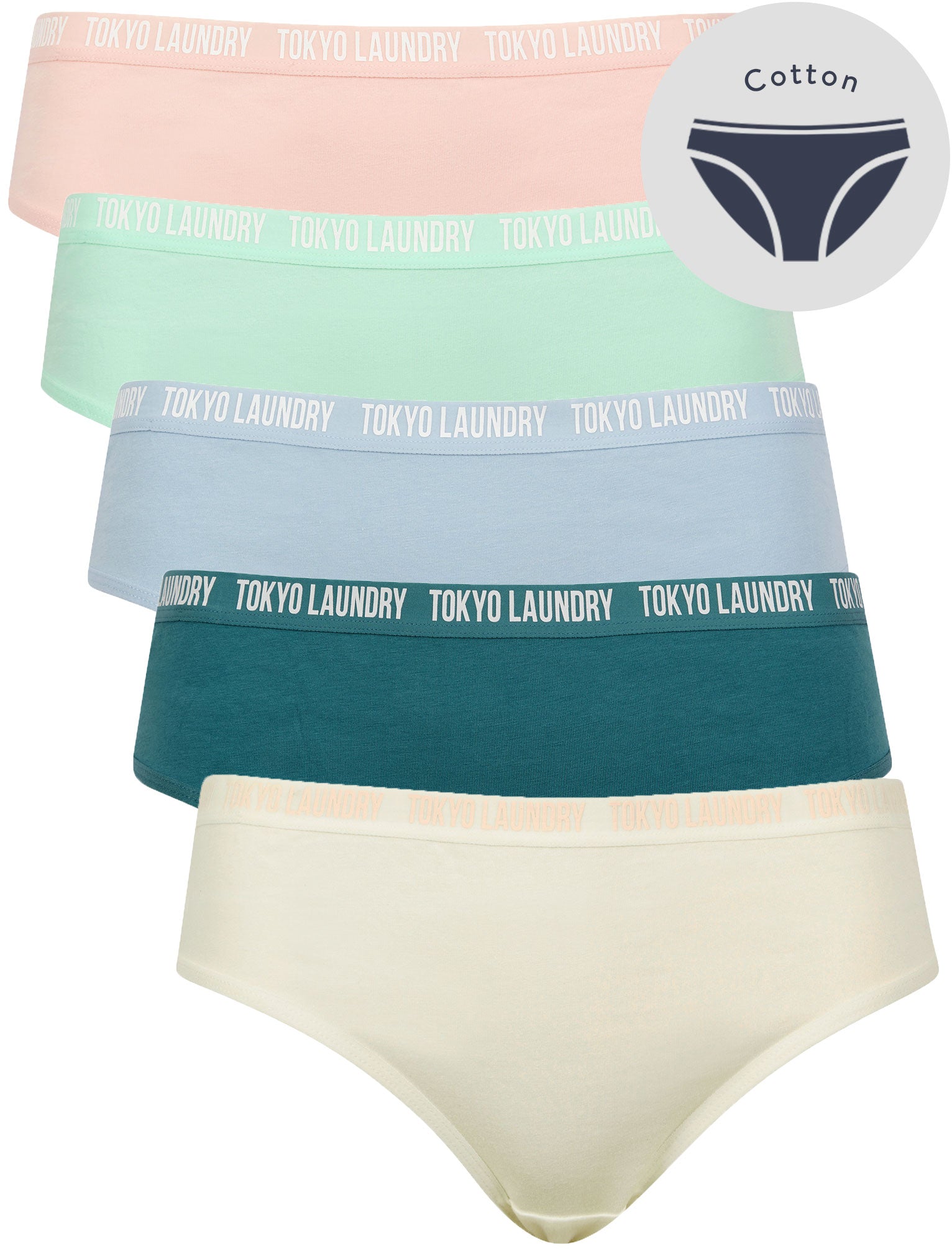 Womens Underwear Zara 19 (5 Pack) Assorted Stretch Cotton Briefs in Lotus Pink / Brook Green / Cashmere Blue / Brittany Blue / Sugar Swizzle / XS - Tokyo Laundry