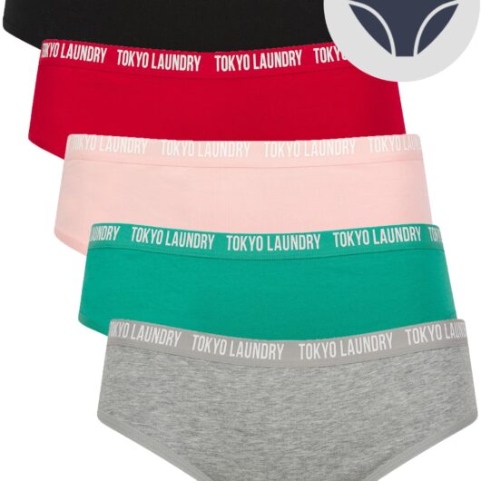 Womens Underwear Zara 20 (5 Pack) Assorted Stretch Cotton Briefs in Jet Black / Barbados Cherry / Rosy Touch / Sea Green / Light Grey Marl / XS - Tokyo Laundry