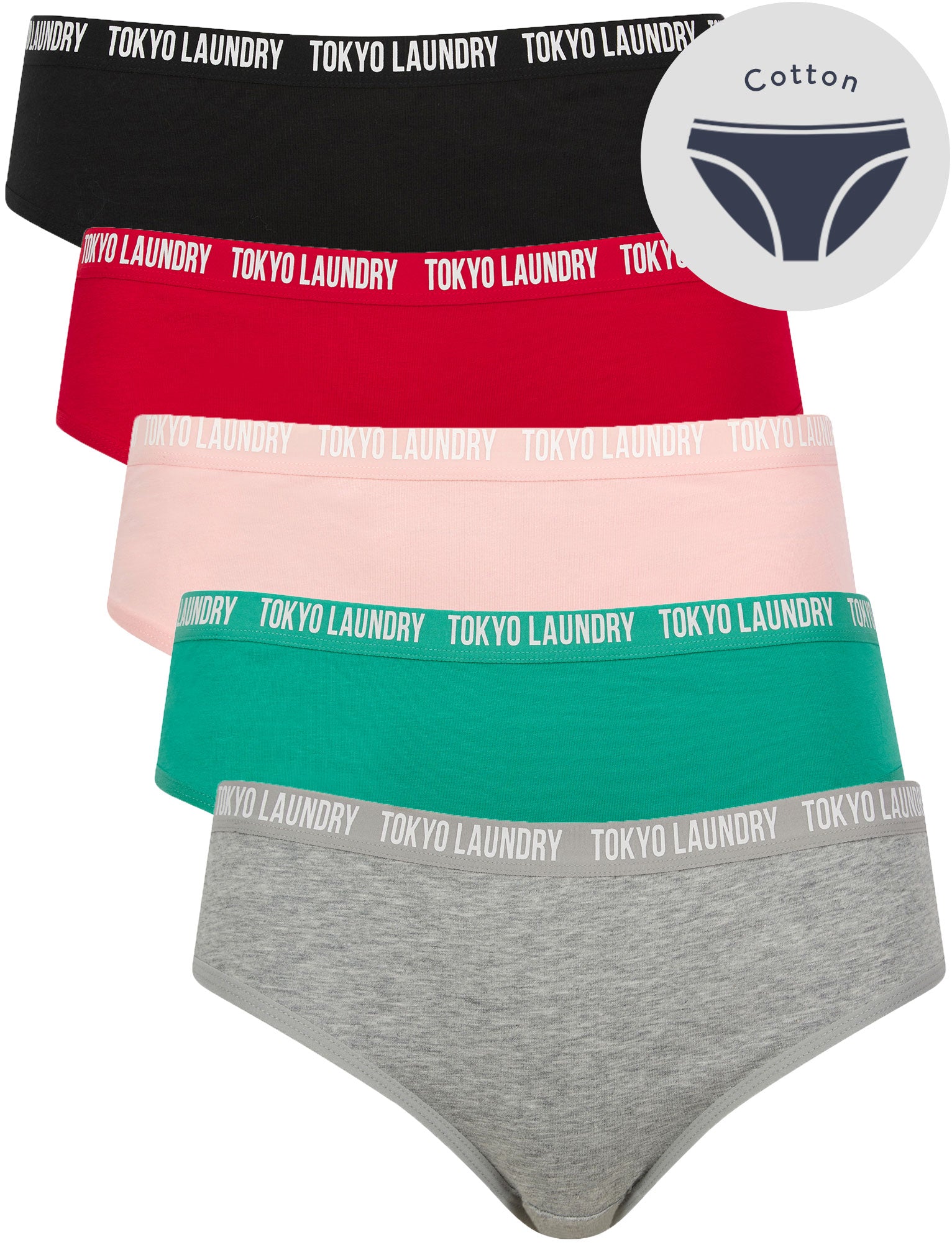 Womens Underwear Zara 20 (5 Pack) Assorted Stretch Cotton Briefs in Jet Black / Barbados Cherry / Rosy Touch / Sea Green / Light Grey Marl / XS - Tokyo Laundry