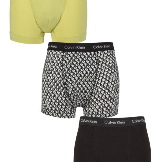 Mens 3 Pack Calvin Klein Cotton Stretch Trunks Green Bloom / Plush Monogram White XL