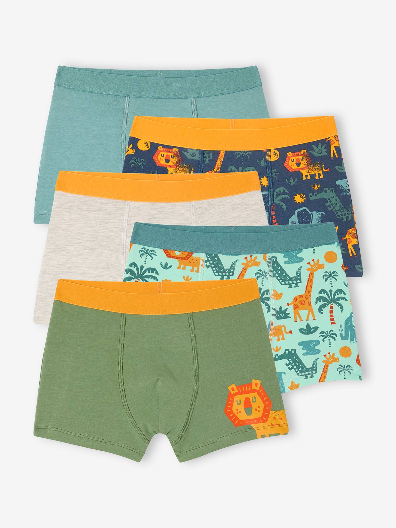 5 pack of Jungle stretch boxer shorts for boys green