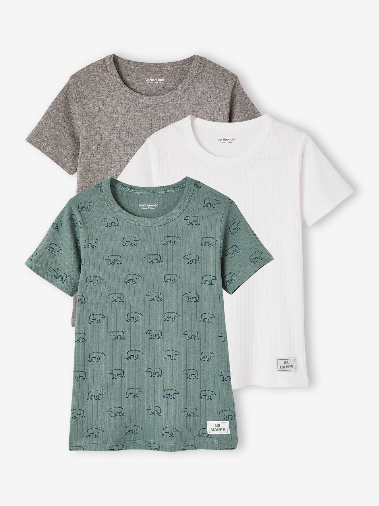 Pack of 3 Short Sleeve Bear Tops in Rib Knit, for Boys emerald green